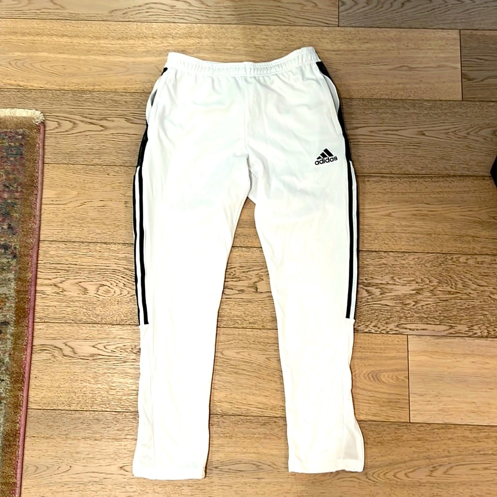 New adidas white/black trim track pants with zip ankle closures